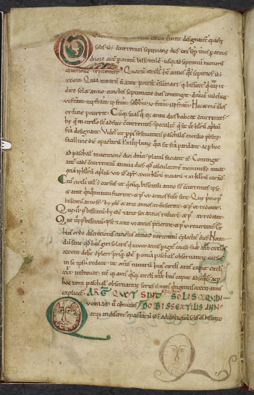 Royal 13. A.XI, f.79v Baş harfleriyle insan yüzleri, Zamanın doğası üzerine, Bede the Venerable by English School
