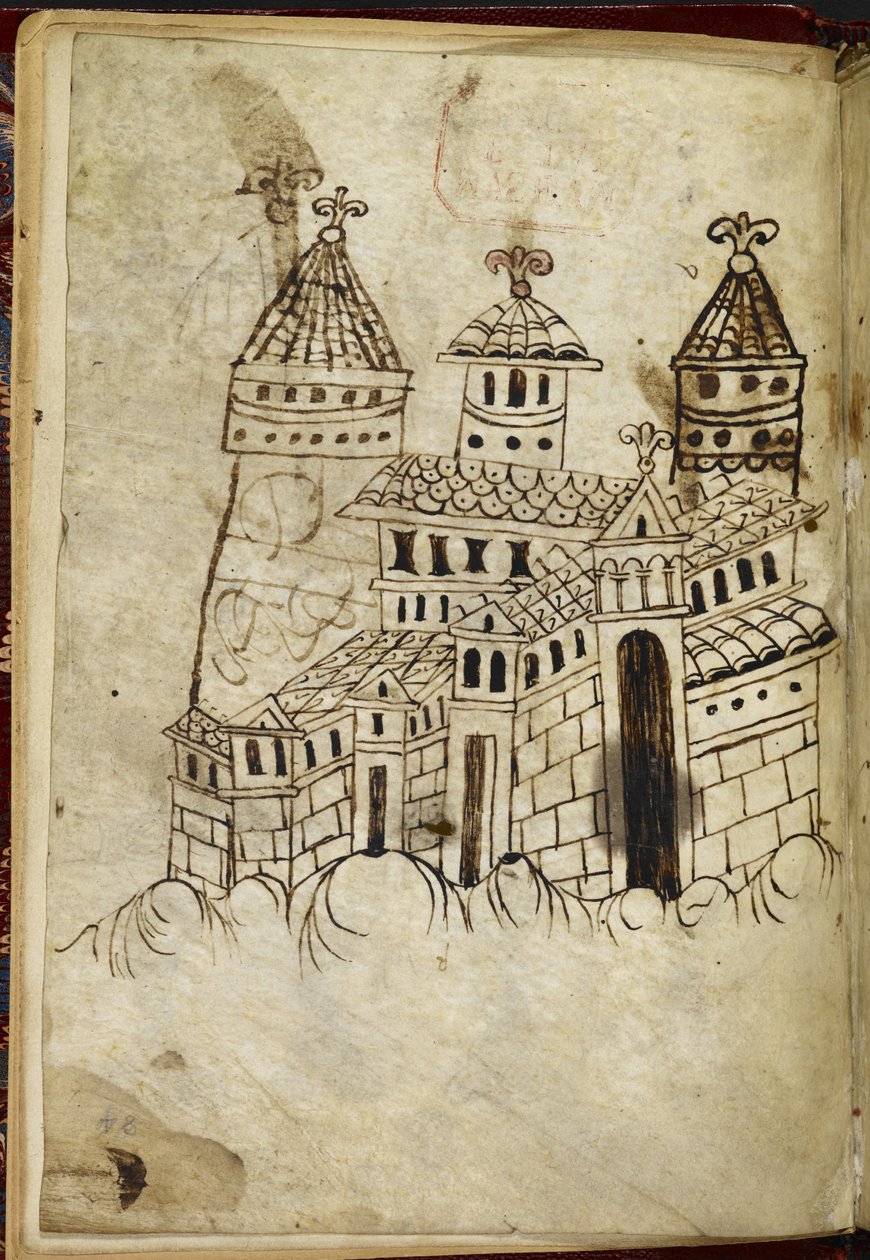 Üç kuleli Royal 15 A. XVI Romanesk bina (parşömen üzerine mürekkep) by English School