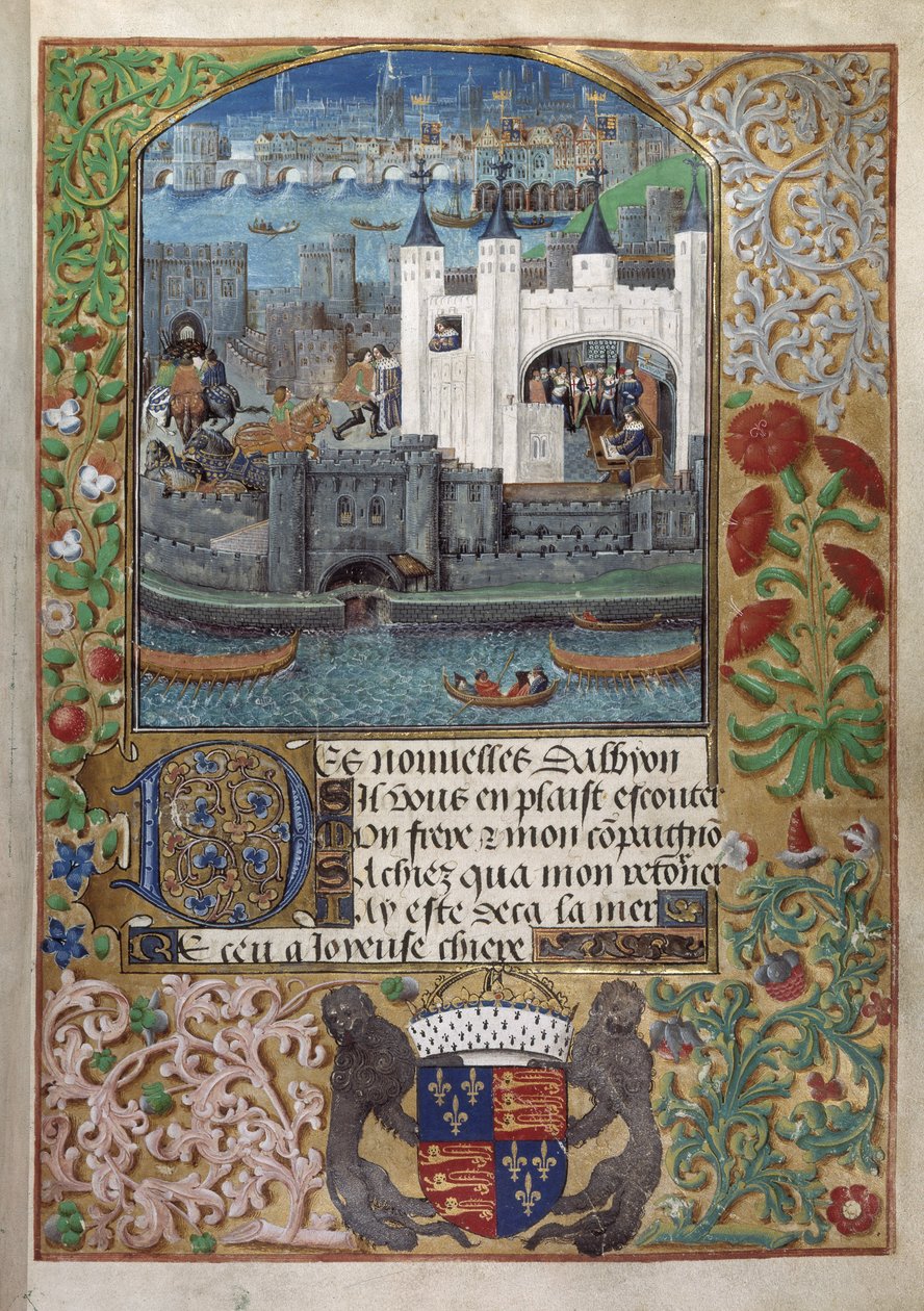 Royal 16 F. II, f.73 Londra Kulesi, arkasında Londra Köprüsü. Orleans Dükü Charles, yazı yazarken, bir pencerenin önünde dururken ve avluya bir mektup gönderirken görüldü by English School