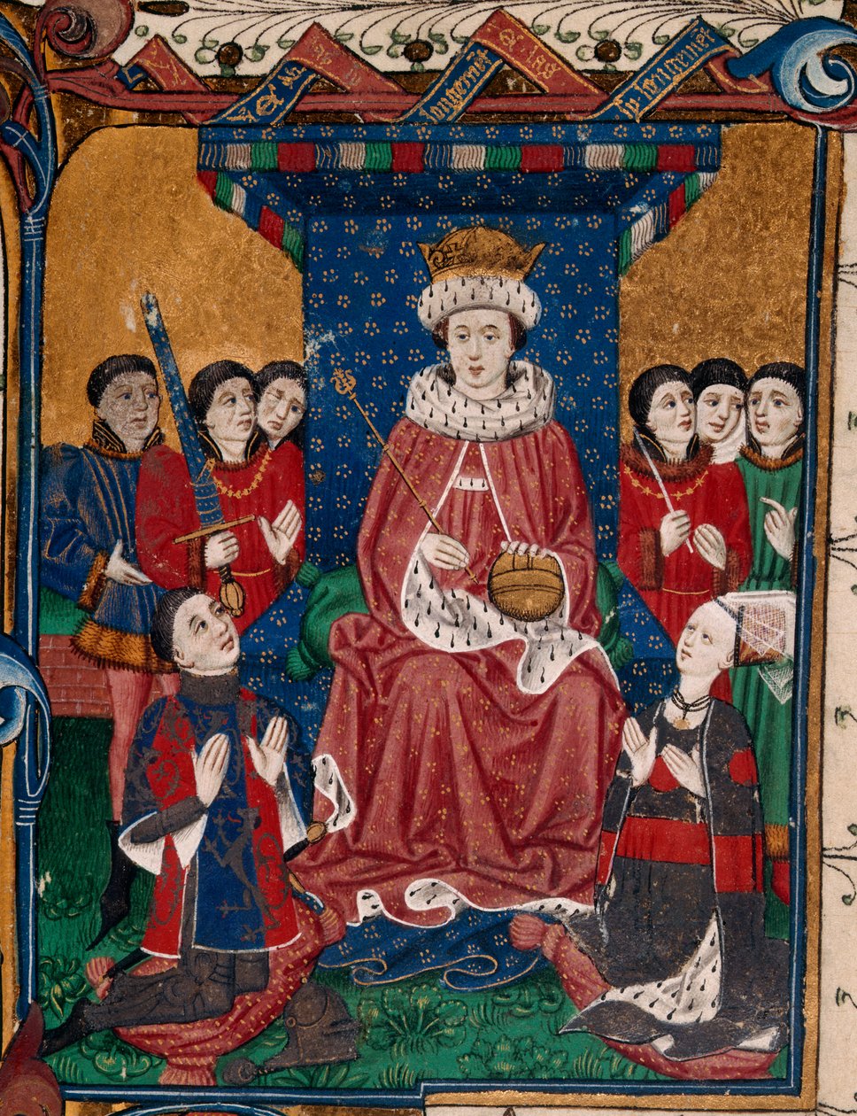 Kraliyet 18 D. II fol.6, Kral Edward IV, saray mensuplarıyla çevrili, Sir William Herbert ve eşi Anne Devereux, armalarıyla süslenmiş giysiler giymiş, önünde diz çökmüş (1. kitap) by English School
