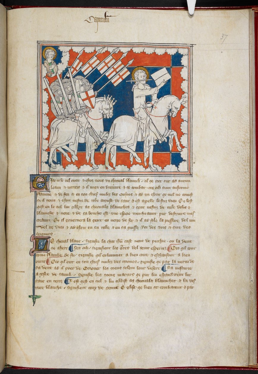 Royal 19 B.XV, f.37 Beyaz atın binicisi ve takipçileri; John yukarıda, solda, 