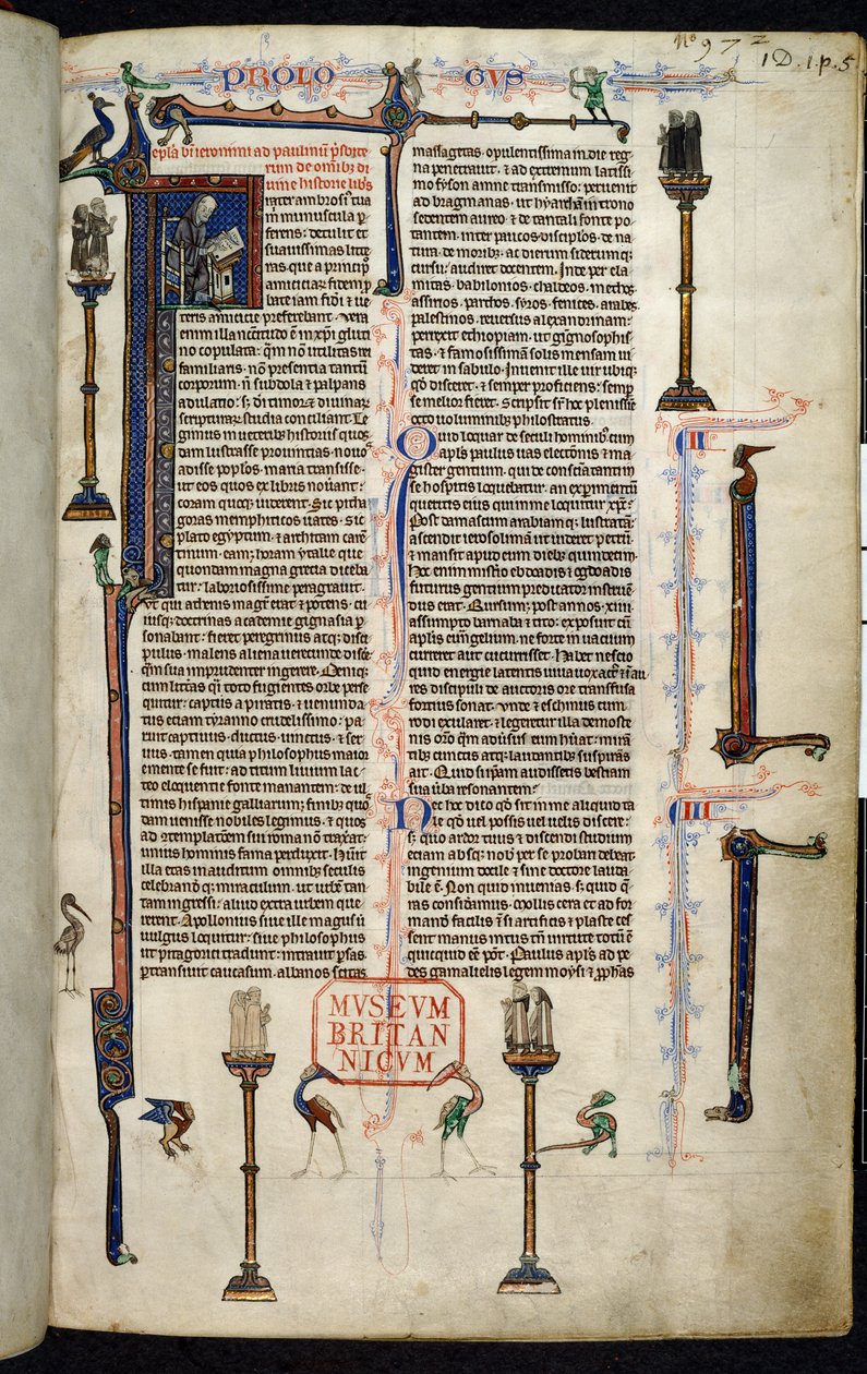 Royal 1 DI, f.1r, Jerome, sütunlardaki keşişler, İncil'den Devon William (parşömen) by English School