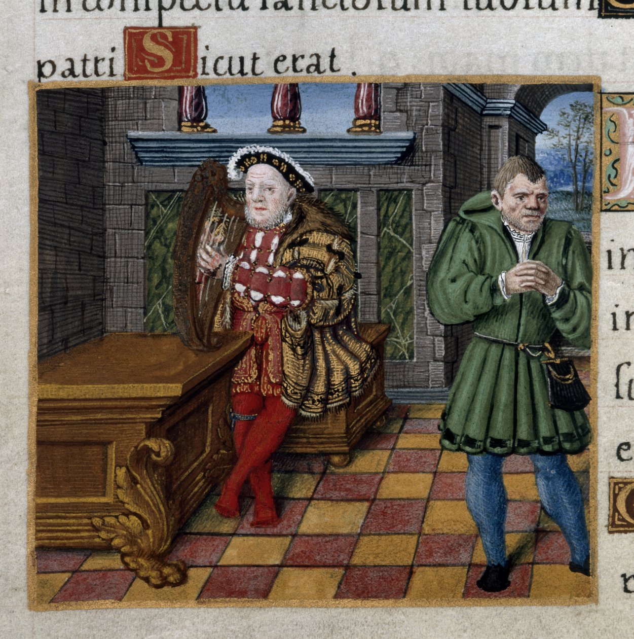 Kraliyet 2 A. XVI, f.63v Henry VIII, bir arp ve soytarı William Somers, Mezmur 52, 
