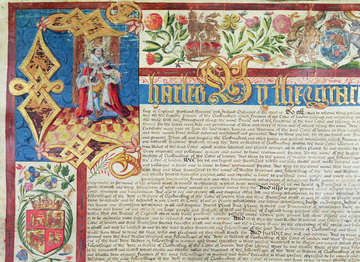 Charles II (1630-85) Döneminde Kumaşçılar Şirketi için Kraliyet Tüzüğü (detay) by English School