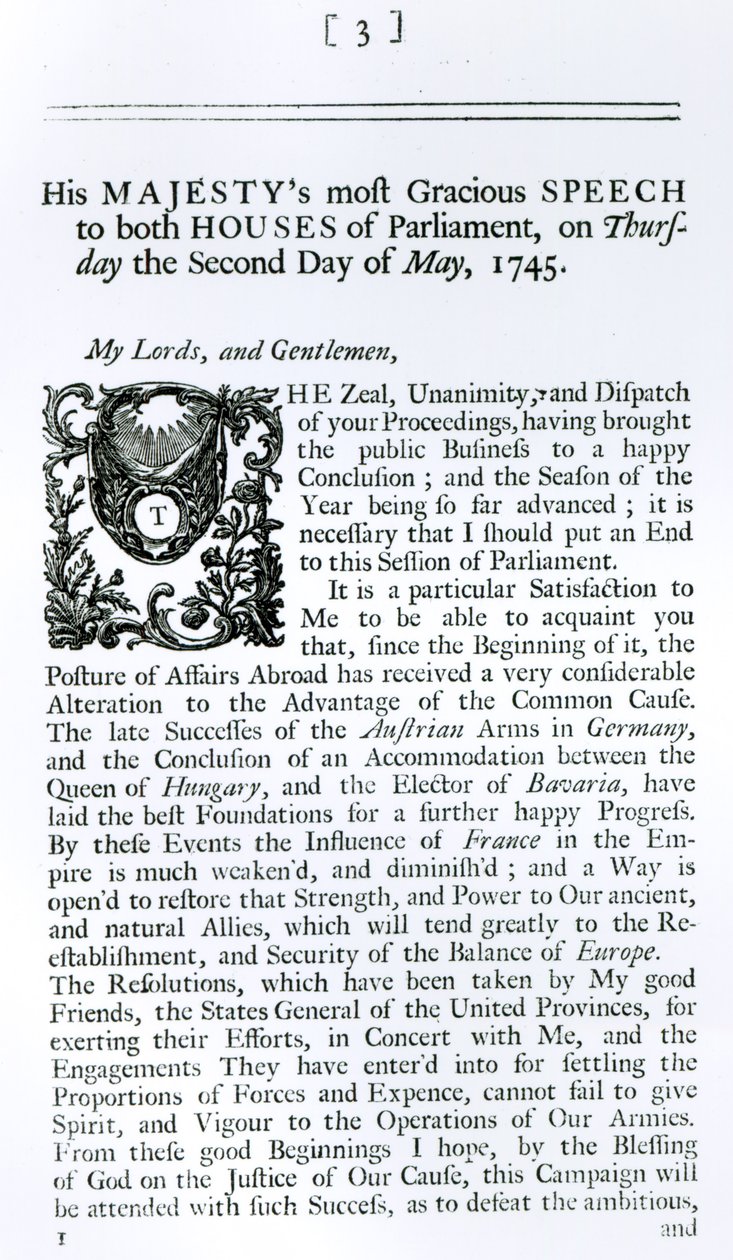 Her iki Parlamento Meclisine Kraliyet Konuşması, 2 Mayıs 1745 (baskı) by English School