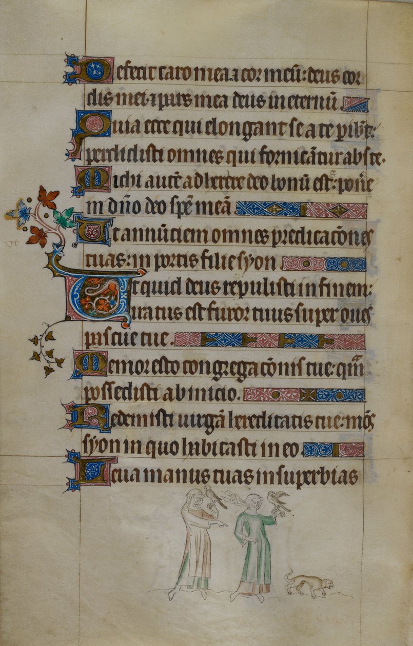Royal ms 2_B VII f.177v Şahinleri taşıyan iki kadının ve önlerinde küçük bir köpeğin olduğu, üzerinde yerleşik bir baş harfinin bulunduğu, 