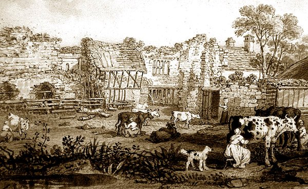 Süt sağan ineklerin olduğu harap malikane, c.1800 (kağıt üzerinde kalem ve sepya mürekkebi) by English School