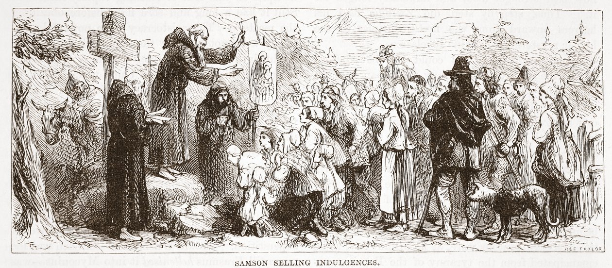 Samson Selling Indulgences, James Aitken Wylie (1808-1890) tarafından yazılan Protestanlığın Tarihinden bir örnek, pub. 1878 by English School