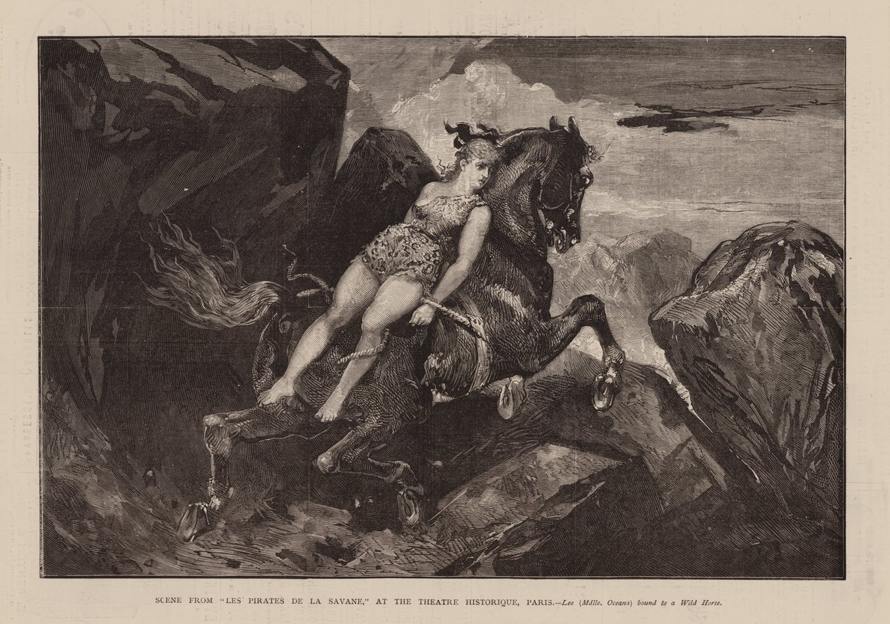 "Lies Pirates De La Savane "dan bir sahne, Theatre Historique, Paris, Leo, Mdlle Oceana, Vahşi Bir Ata Bağlı (gravür) by English School