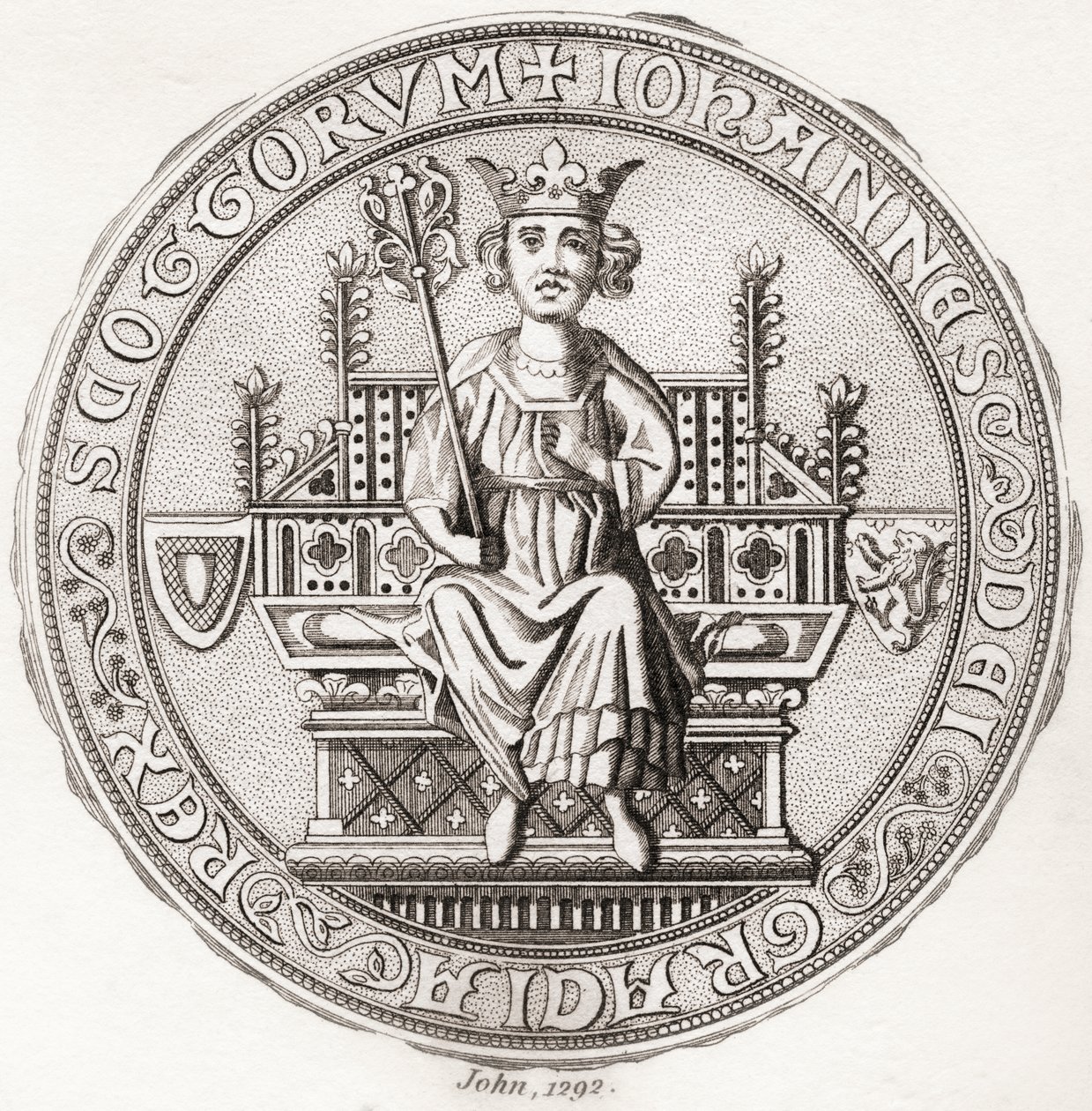 Seal of John Balliol, c.?1249 – 1314, diğer adıyla Toom Tabard, İskoçlar "boş ceket" anlamına gelir, İskoç Kralı. 1797'de yayınlanan Iconographia Scotica veya Portraits of Illustrious Persons of Scotland'dan. by English School