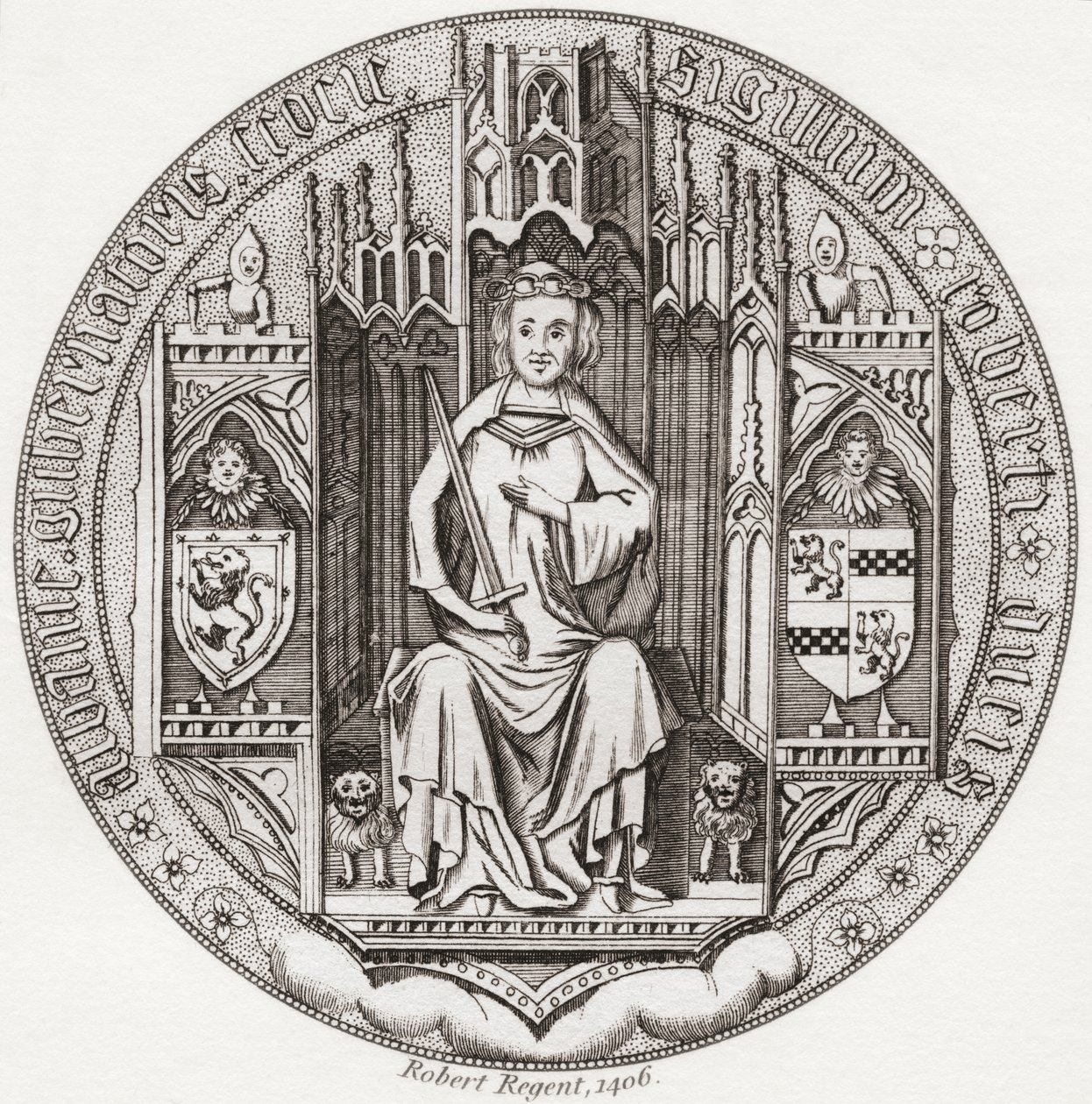 Albany Dükü Robert Stewart'ın Mührü, yak. 1340 – 1420. İskoç kraliyet ailesinin üyesi, naip, İskoçya Valisi, Albany Dükü, Fife Kontu ve Menteith. 1797'de yayınlanan Iconographia Scotica veya Portraits of Illustrious Persons of Scotland'dan. by English School