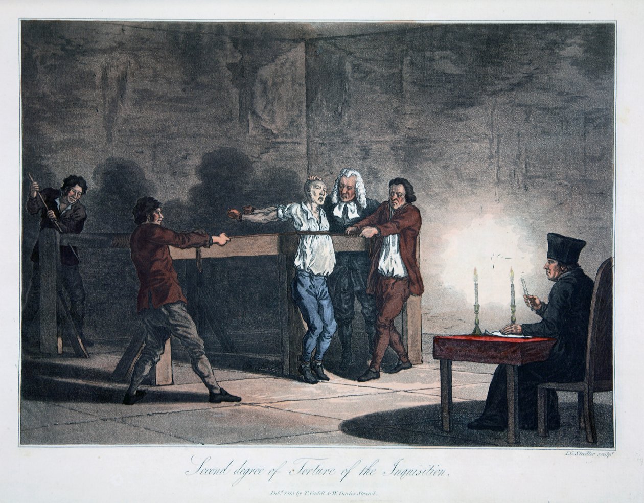 Engizisyonun İkinci Derece İşkencesi, gravür LC Stadler, pub. Cadell & Davies, Londra, c.1813 (renkli gravür) by English School