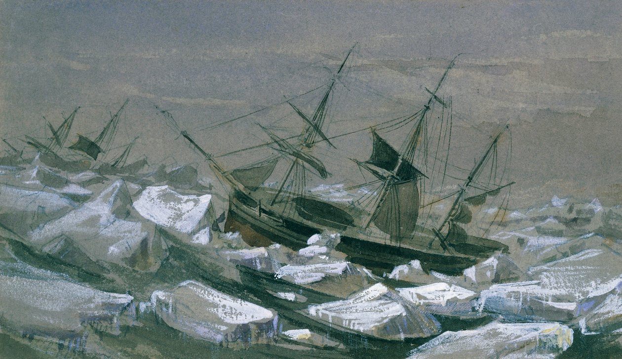 James Clark Ross'un 'Erebus' ve 'Terror' gemileriyle güney manyetik kutbu arayışında olan sevkiyatı (tuval üzerine yağlı boya) by English School