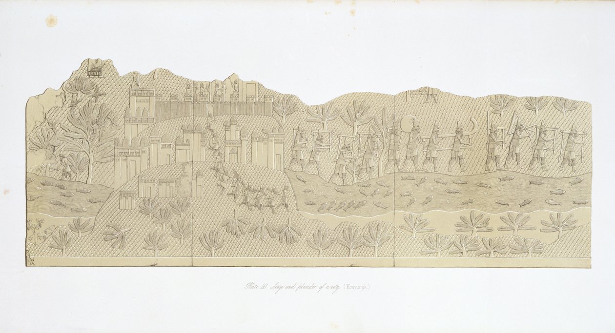 Kuşatma ve Bir Şehrin Yağmalanması, Koujunjik, Austen Henry Layard (1817-94) tarafından Nineveh ve Kalıntıları'ndan 40. levha 1849'da yayınlandı by English School