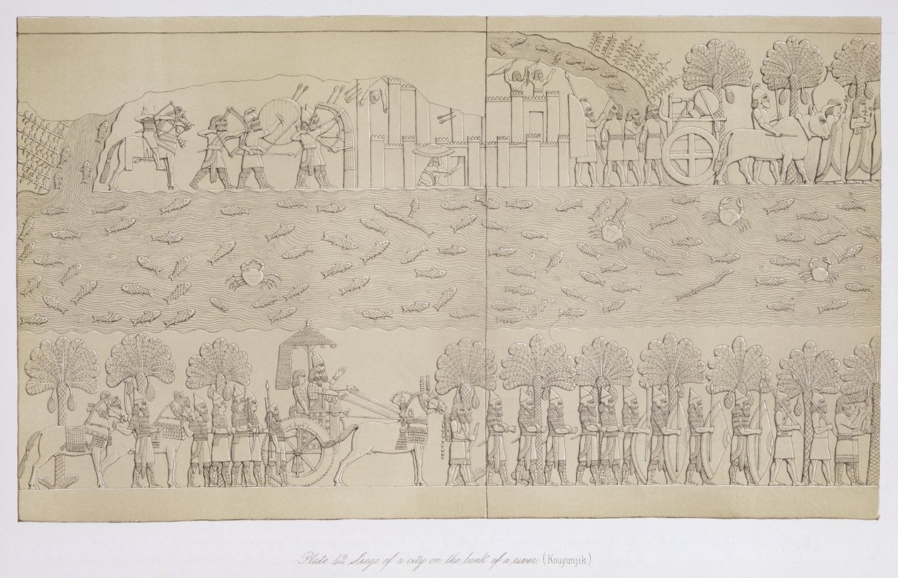 Nehir kıyısında bir şehrin kuşatması, Austen Henry Layard (1817-94) tarafından Nineveh ve Kalıntıları'ndan 42 numaralı levha, 1849'da yayınlandı by English School