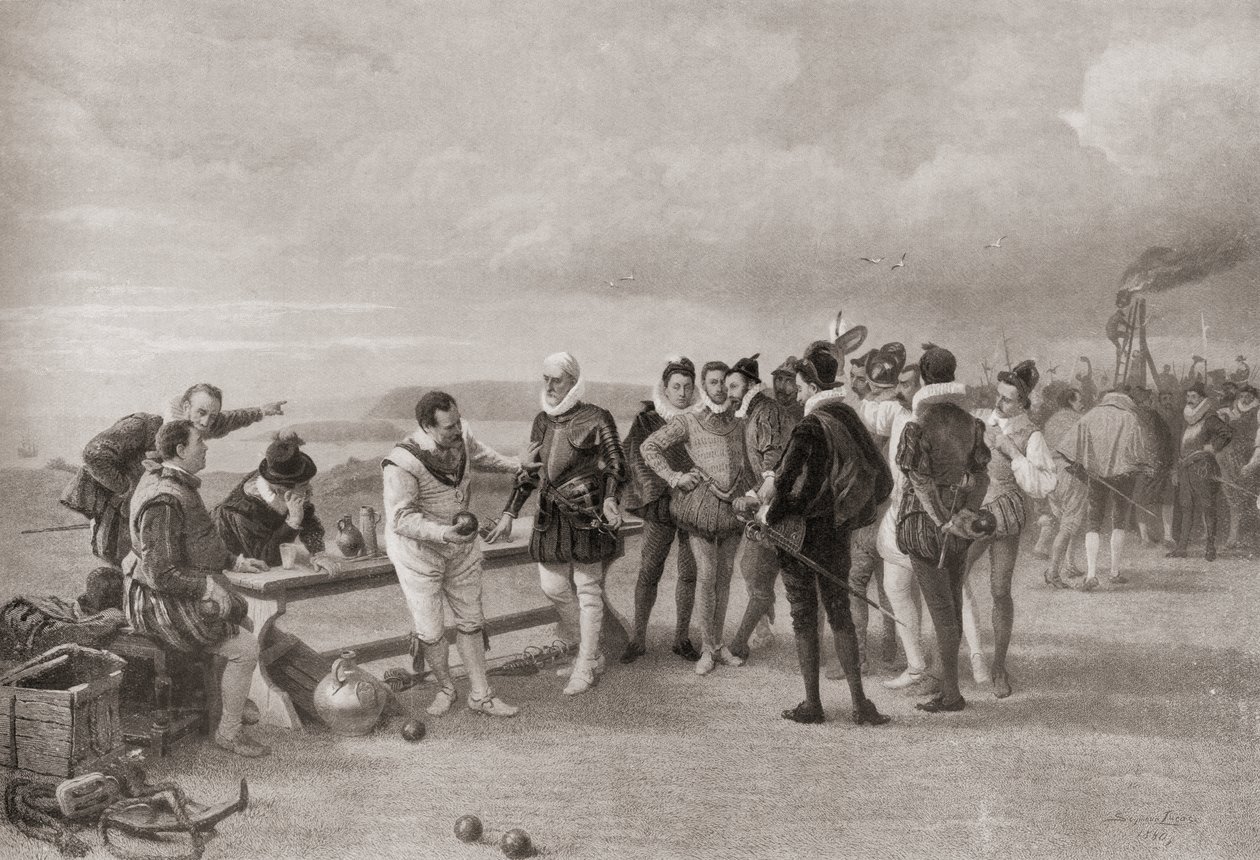 Sir Francis Drake, 1588'de İngiltere'de Plymouth Hoe'da İspanyol Armadası görünürken bowling oynuyor. by English School