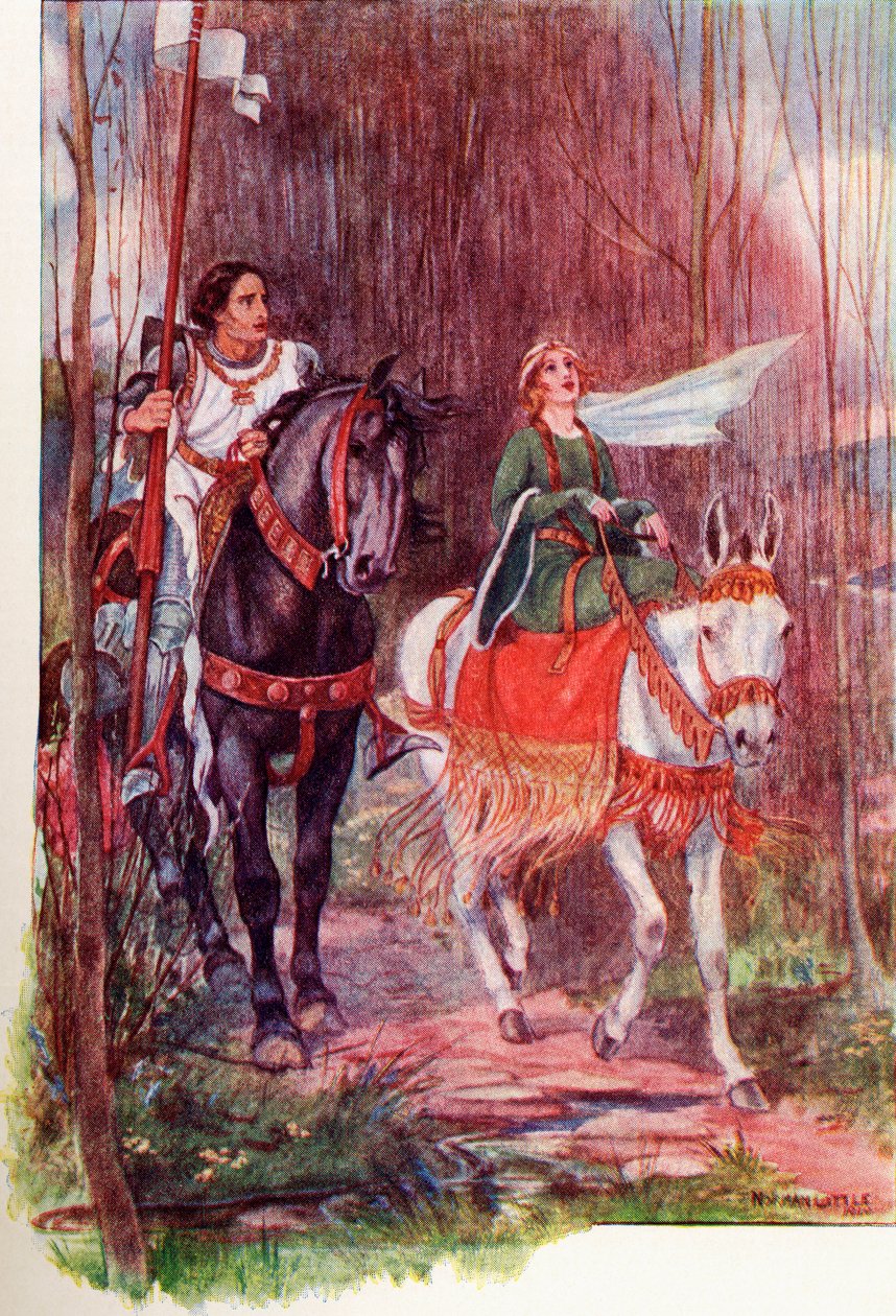 Sör Lancelot ve Kraliçe Guinevere. 1910'da yayınlanan The Gateway to Tennyson adlı kitaptan renkli illüstrasyon. by English School