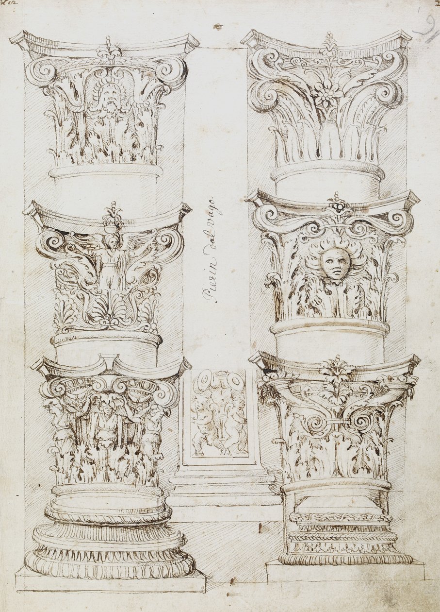 Altı Başkent, Bir Lesene ve İki Sütun Tabanı, Folyo 1, Oxford Albümünün Ustası, c.1512-17 (kalem ve koyu kahverengi mürekkep) by English School