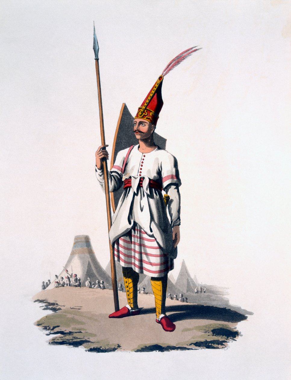 Arnavutluk askeri, Osmanlı Ordusu piyadesi, 1818 (renkli aquatint) by English School