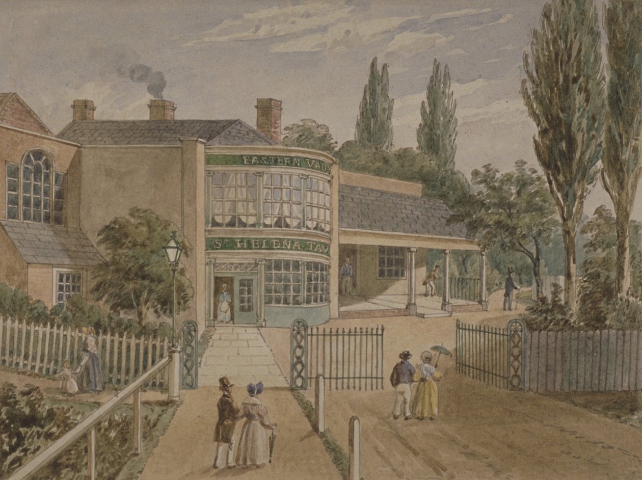 St Helena çay bahçeleri, Lower Road, Rotherhithe, c.1860 (kağıt üzerinde wc) by English School