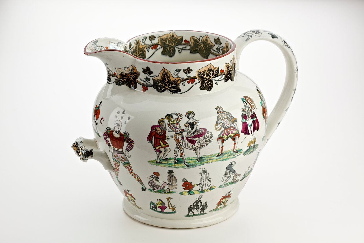 Staffordshire sürahisi Harlequin figürleri ve karnaval temasıyla süslenmiş, 1866 (demirtaşı çini) by English School