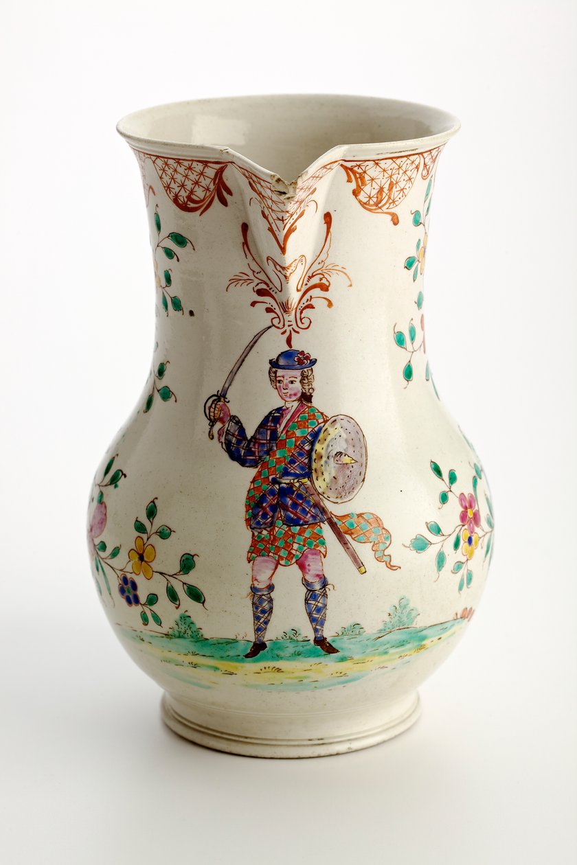 Staffordshire sürahisi, Highland kostümlü figürle süslenmiş, 1755 (tuz sırlı toprak kap) by English School