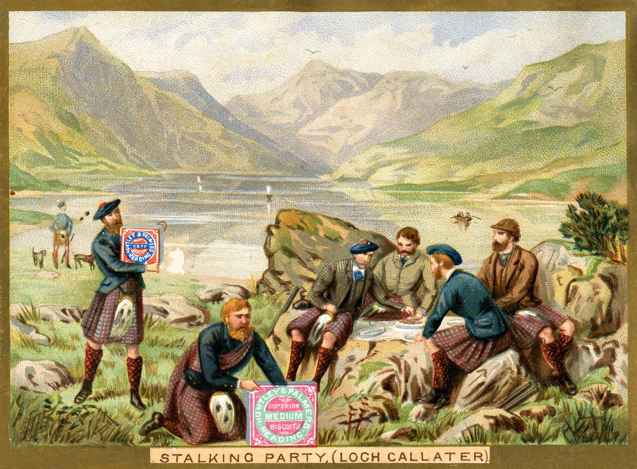 Stalking Party, Loch Callater, Huntley & Palmers Biscuits için bir promosyon kartı, c.1890 (renkli lito by English School