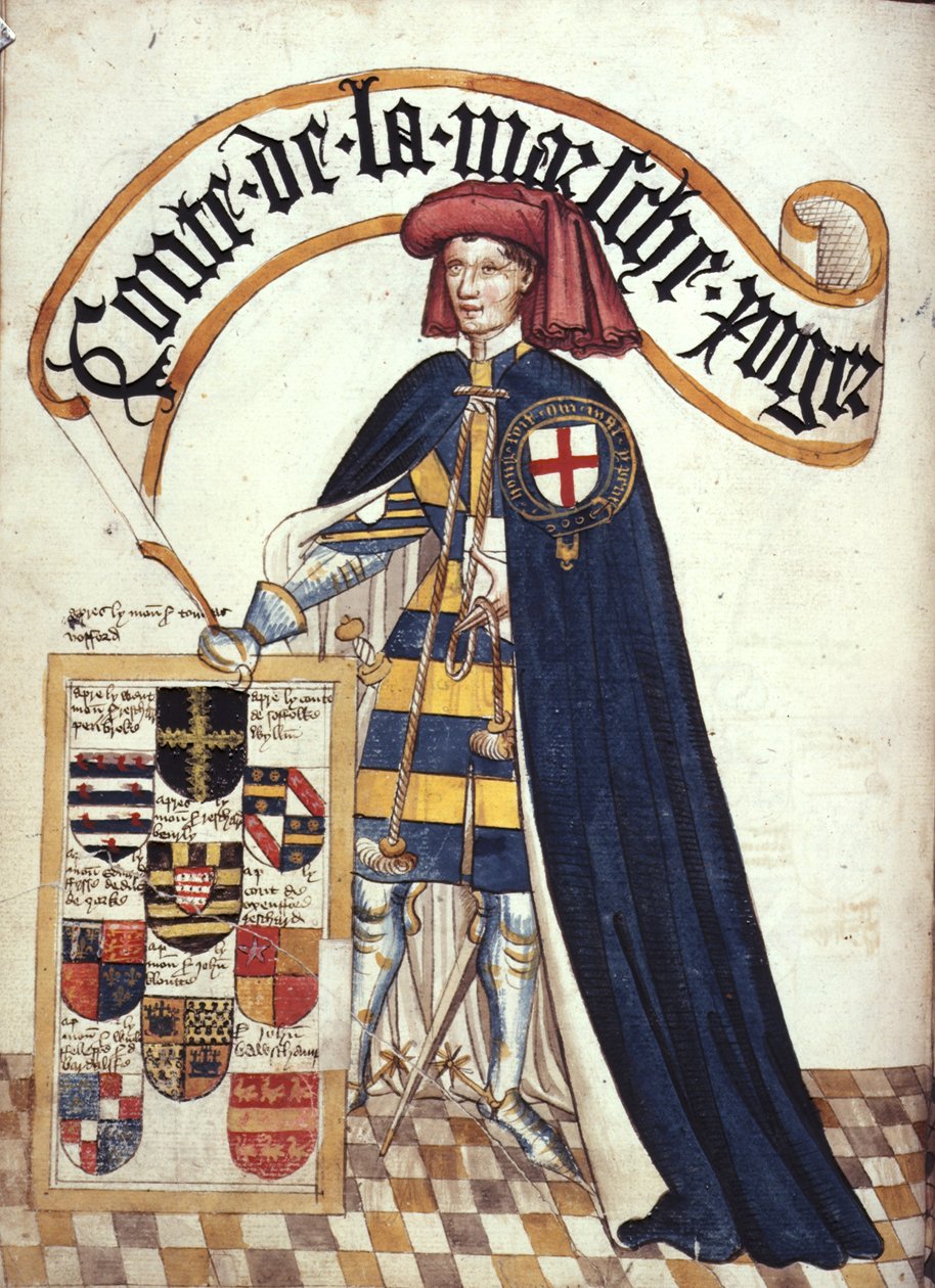 Stowe 594 fol.15v Roger Mortimer (1328-1360) Jartiyer cübbesi içinde 2 Mart Kontu, 
