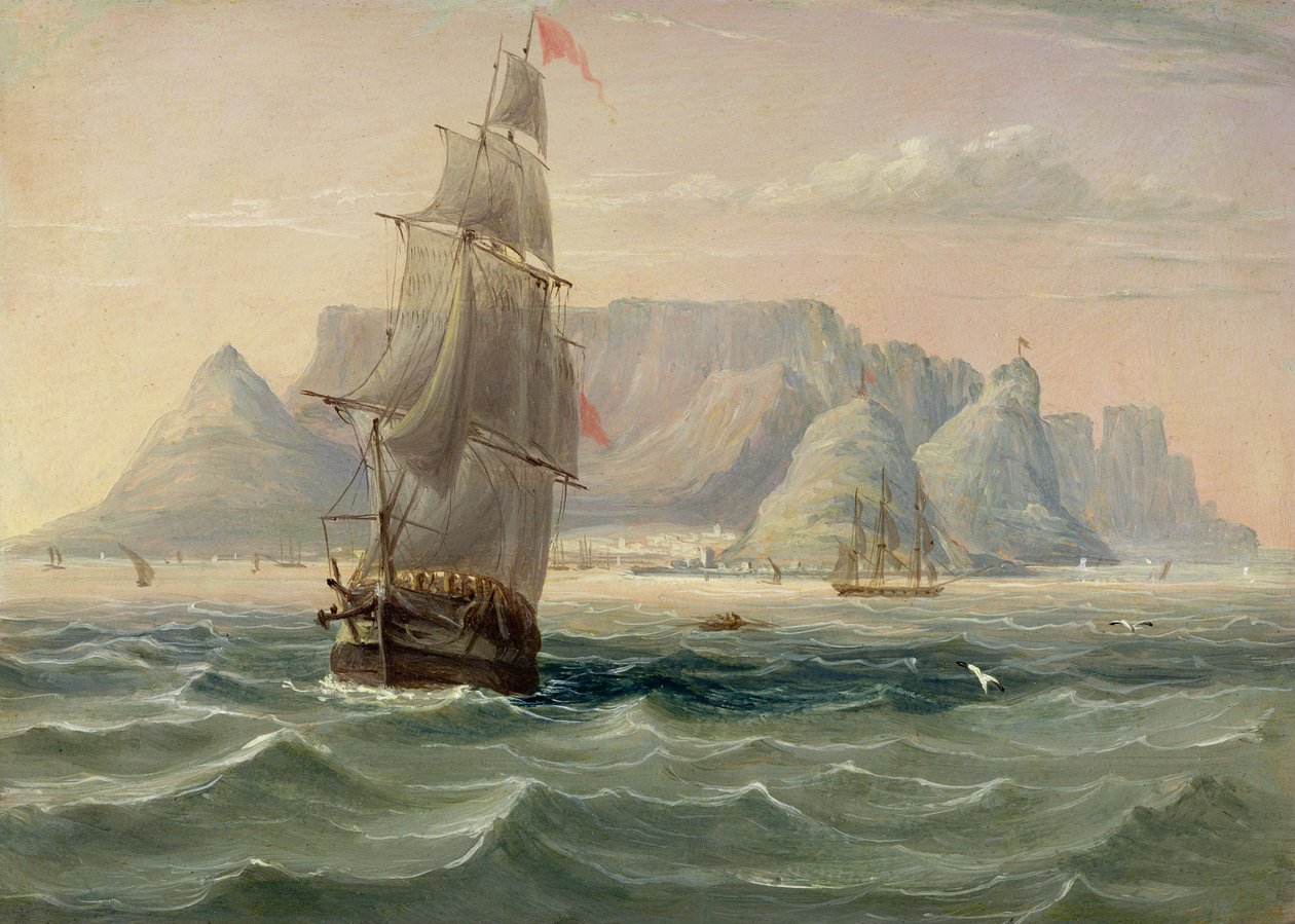 Masa Dağı, Cape Town, Denizden, 1820 (kart üzerinde yağlı boya) by English School