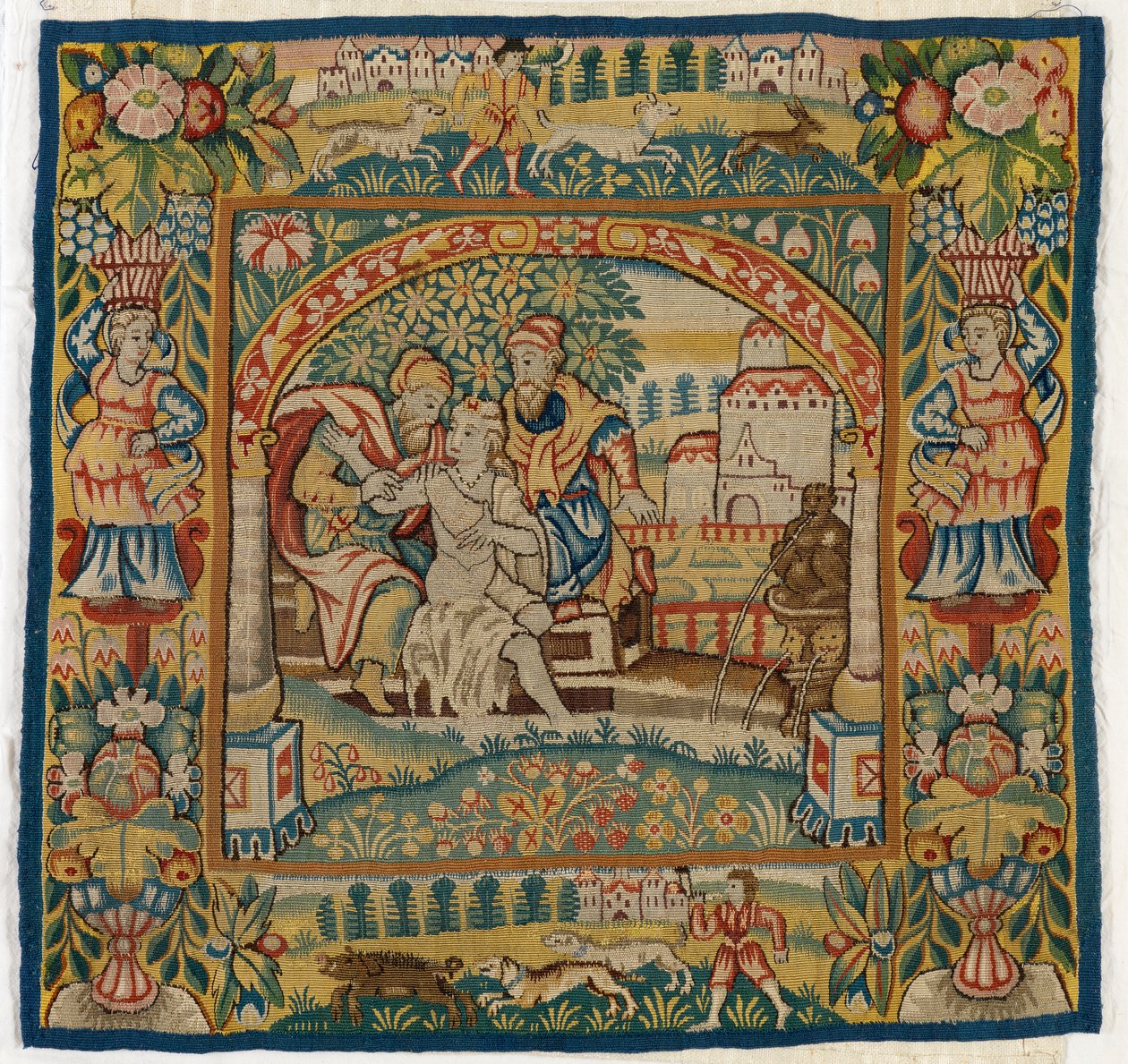 Susannah'yı Bath'ta tasvir eden goblen minder kılıfı (altı Sheldon Goblen setinden biri, 47.9 - 47.14), Sheldon, İngiltere'de yapılmış, eğer gerçekse by English School