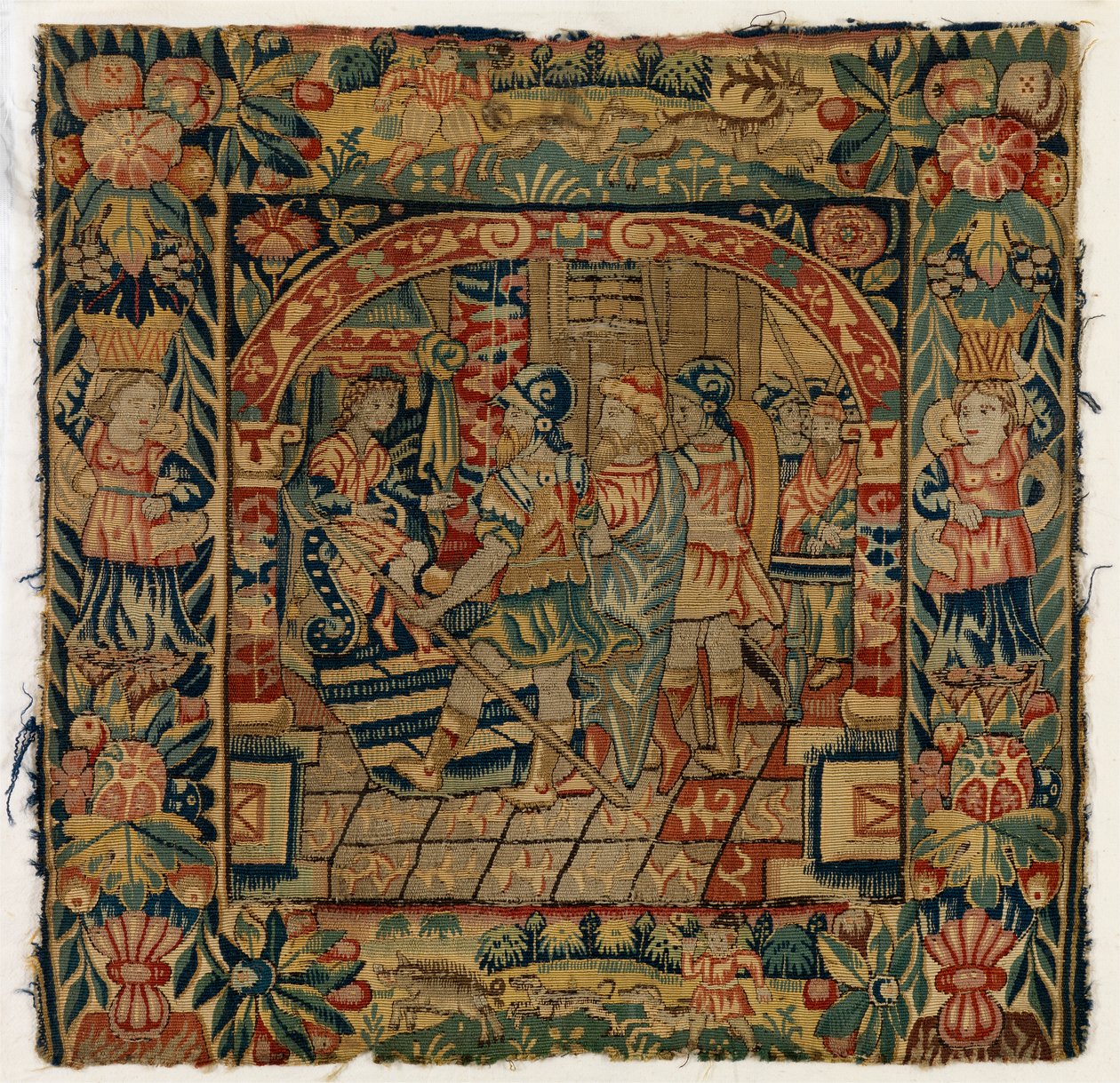 The Elders'ı Daniel'den önce tasvir eden, 1600'den sonra Sheldon, İngiltere'de yapılmış goblen yastık kılıfı (yün) by English School