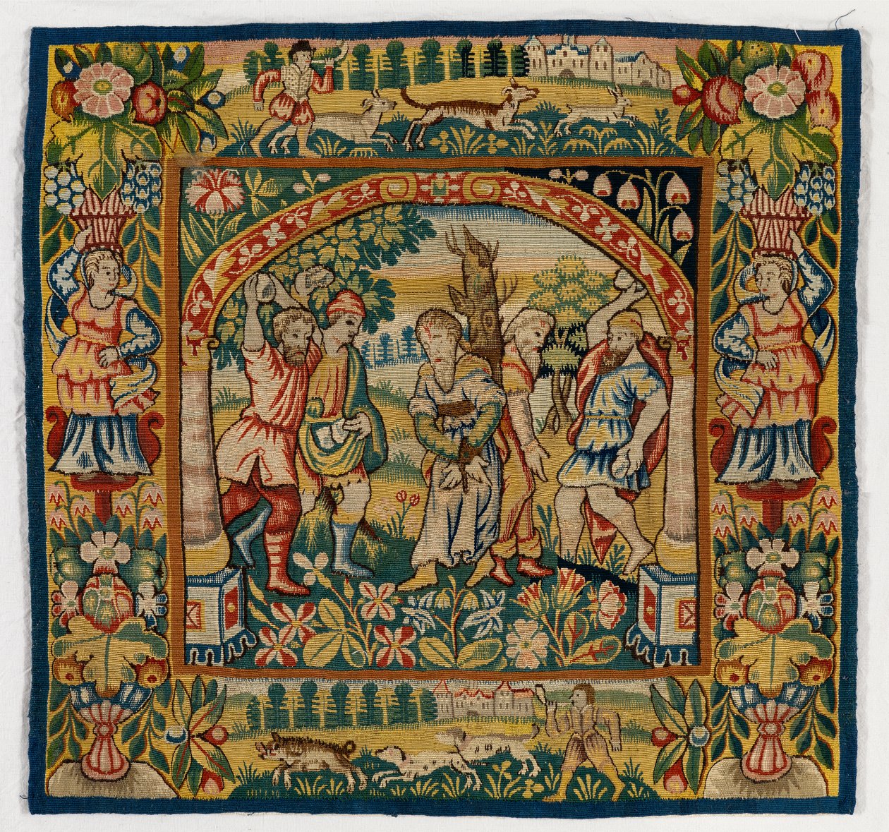 The Stoneing of Elders'ı (47.9 ila 47.14'ten oluşan altı Sheldon Goblen setinden biri) tasvir eden goblen minder kılıfı, eğer gerçekse Sheldon, İngiltere'de yapılmıştır. by English School