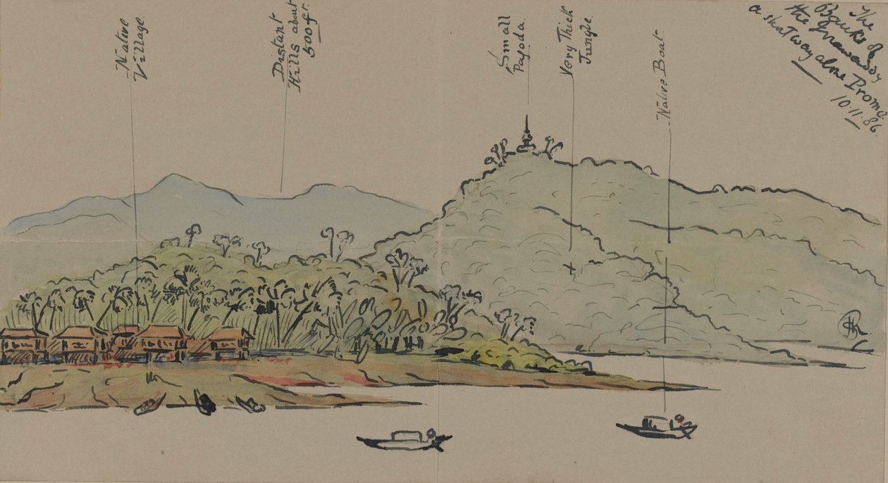 The Banks of the Irrawaddy, Burma, 1886 (kağıt üzerinde kalem ve mürekkeple tuvalet) by English School