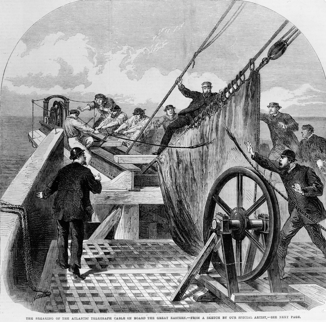 Büyük Doğu Gemisinde Atlantik Telgraf Kablosunun Kopması, 1865 (gravür) by English School
