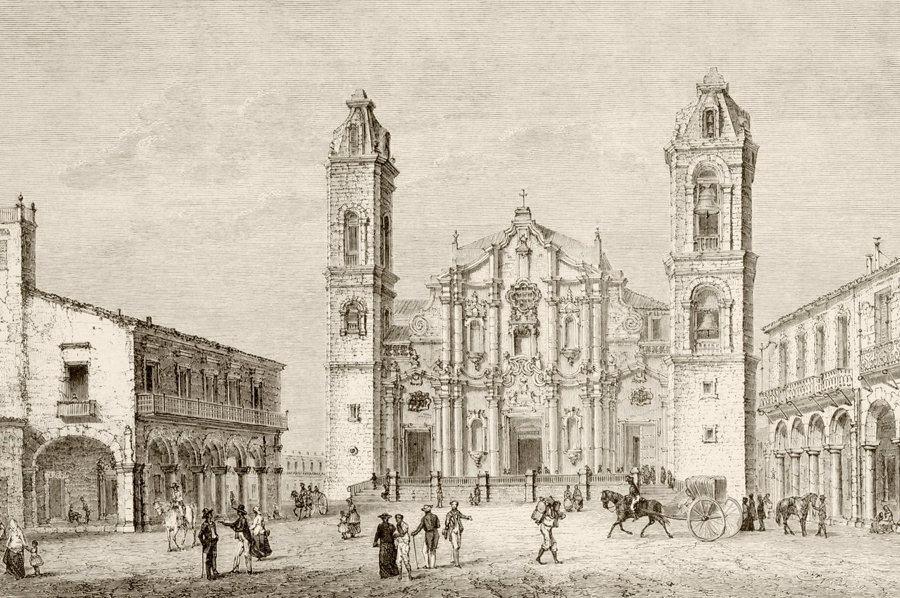 Havana, Küba'daki Katedral (litho) by English School