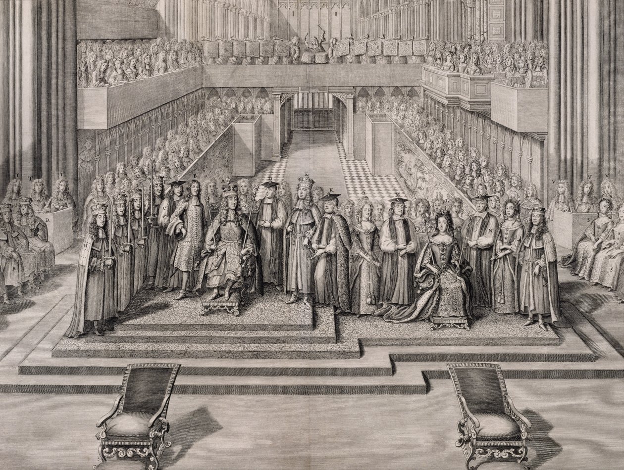 Kral II. James'in (1633-1701) ve ikinci karısı Modena'lı Mary'nin (1658-1718) taç giyme töreni 1685 by English School