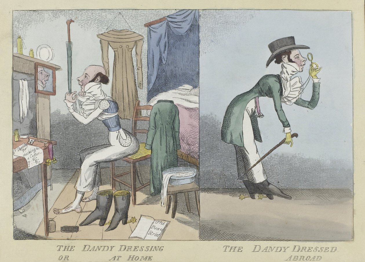 The Dandy Dressing veya At Home, The Dandy Dressed Abroad, pub.c.1820 (el renkli gravür) by English School