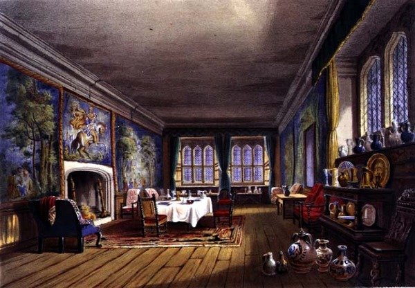 Yemek Odası, Cotehele evi, c.1830-40 (renkli taş) by English School
