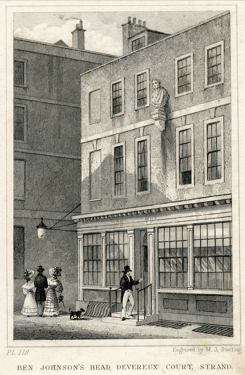 Grecian Coffee House, Devereux Court, Strand, bir Ben Johnson büstüne sahip (gravür) by English School
