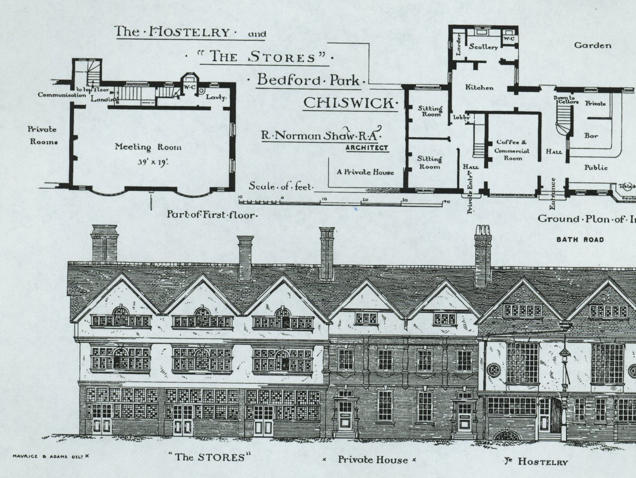 The Hostelry and The Stores, Bedford Park, Chiswick, The Building News, 1877 by English School