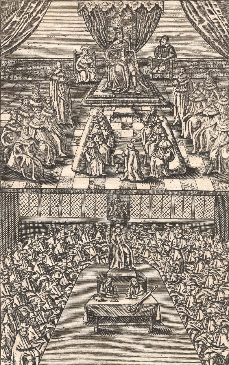 Lordlar Kamarası ve Avam Kamarası, Kral I. Charles, c.1640 (renkli gravür) by English School