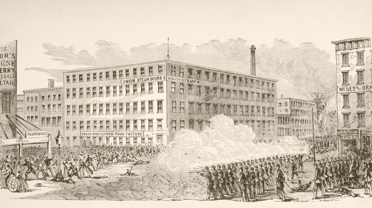 Temmuz 1863'te New York Taslak İsyanları sırasında İkinci Cadde'deki Olay (taştan taş) by English School