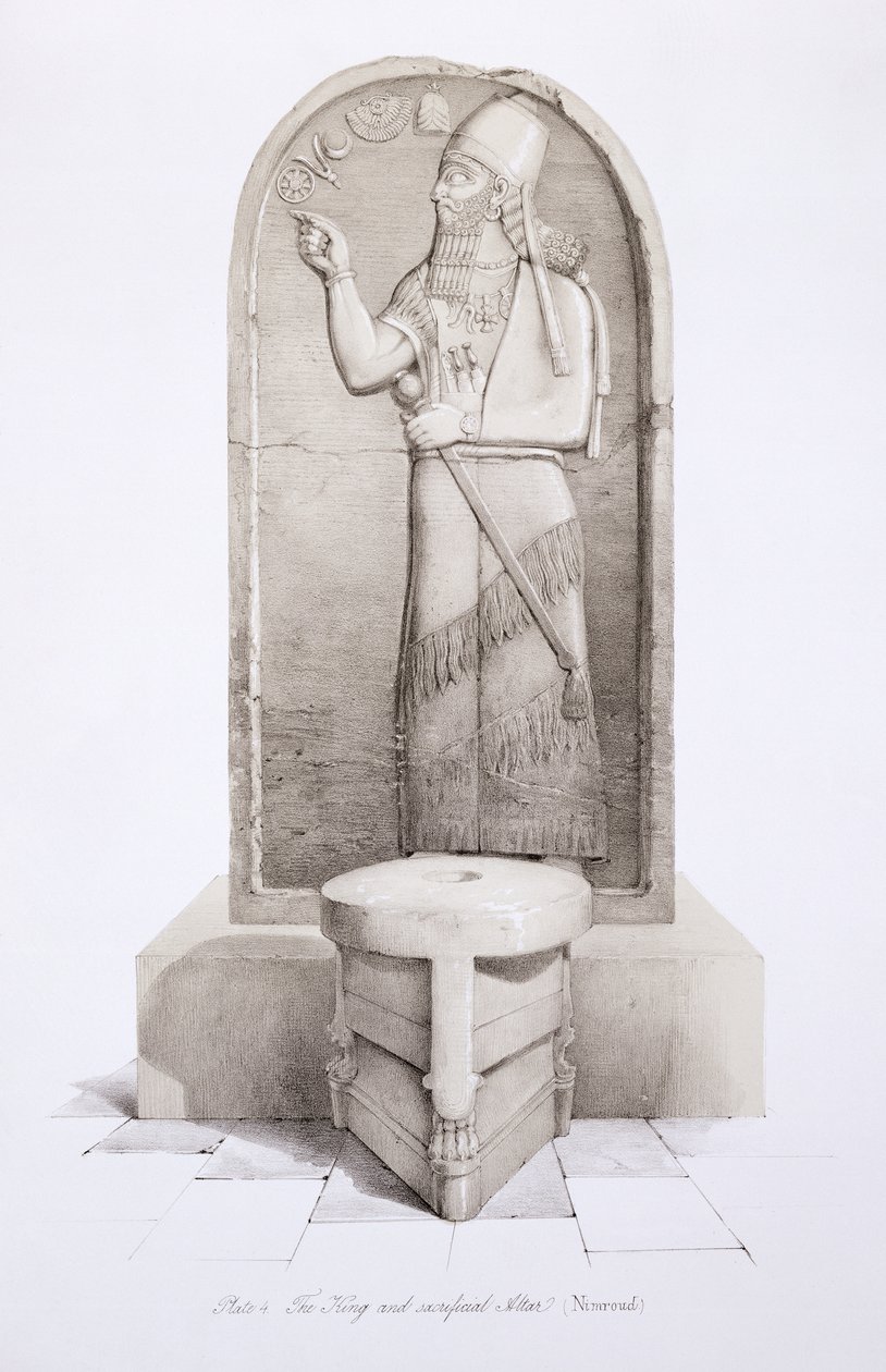 Kral ve Kurban Sunağı, Nimrud, Nineveh'ten levha 4 ve Kalıntıları Austen Henry Layard (1817-94) tarafından 1849'da yayınlandı by English School