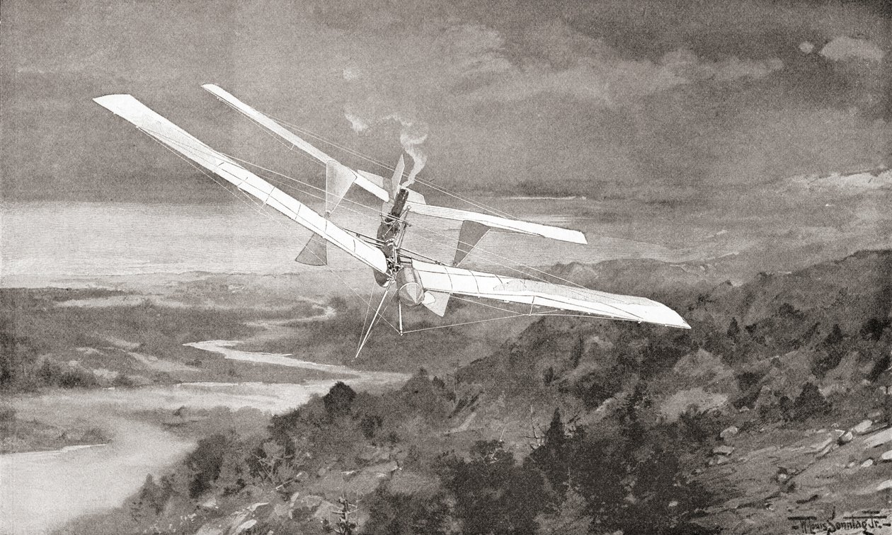19. yüzyılda uçuşta Langley Havaalanı uçan makine. 1897'de yayınlanan The Strand Magazine'den. by English School