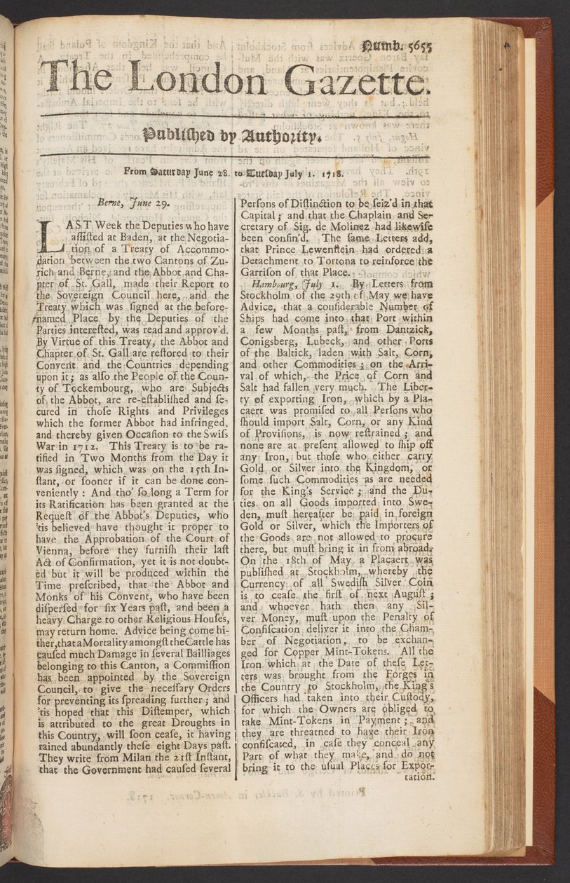 The London Gazette, sayı 5655, sayfa 1, 28 Haziran 1718 (baskı) by English School