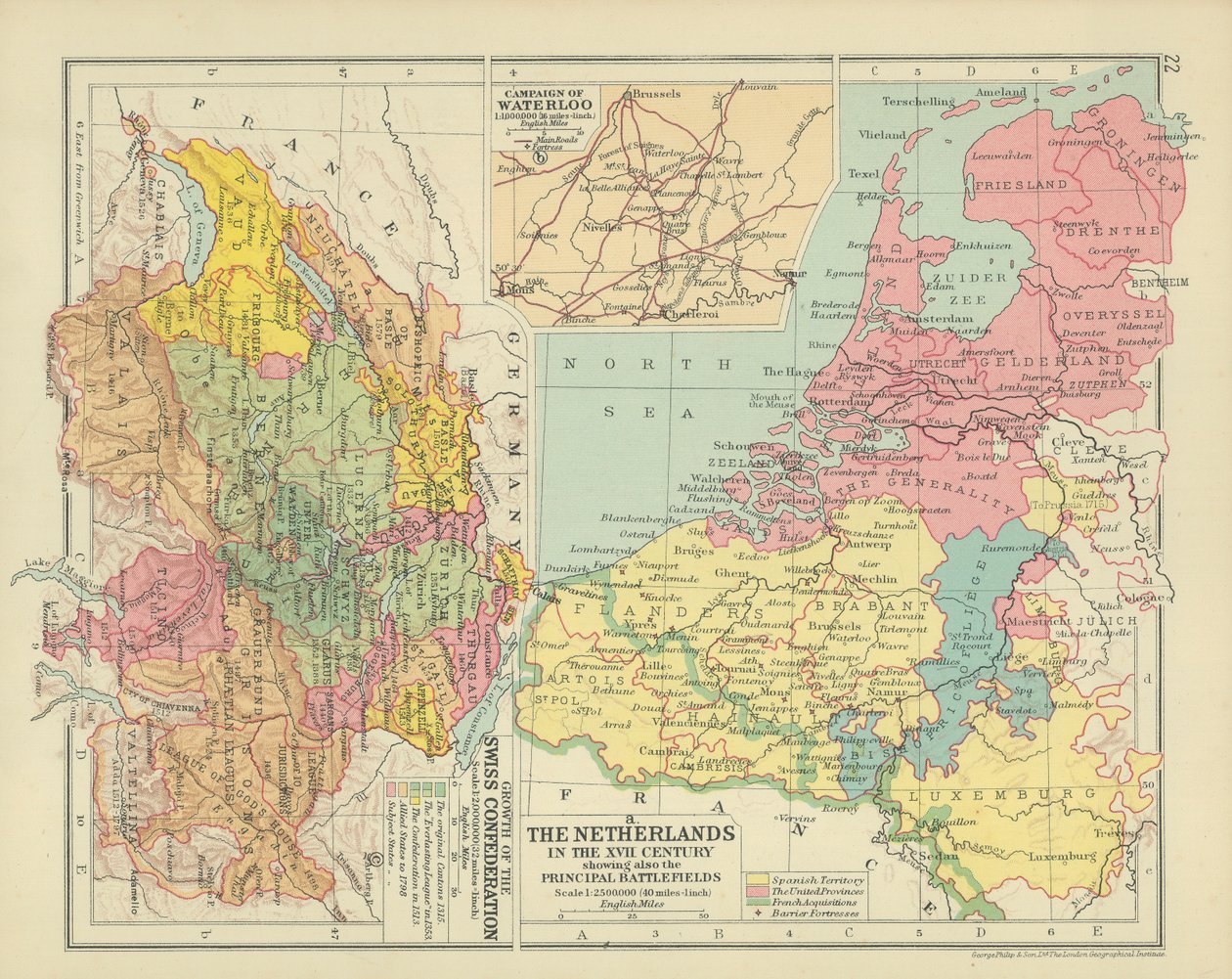 Başlıca Savaş Alanlarını da Gösteren XVII. Yüzyılda Hollanda (renkli taş baskı) by English School