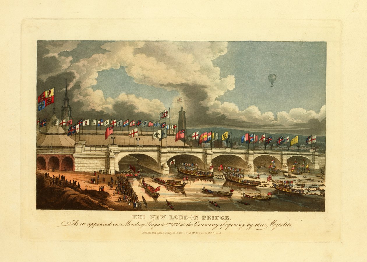 Yeni Londra köprüsü, 1 Ağustos 1831 Pazartesi günü Majesteleri tarafından yapılan açılış töreninde göründüğü şekliyle, 1831 by English School
