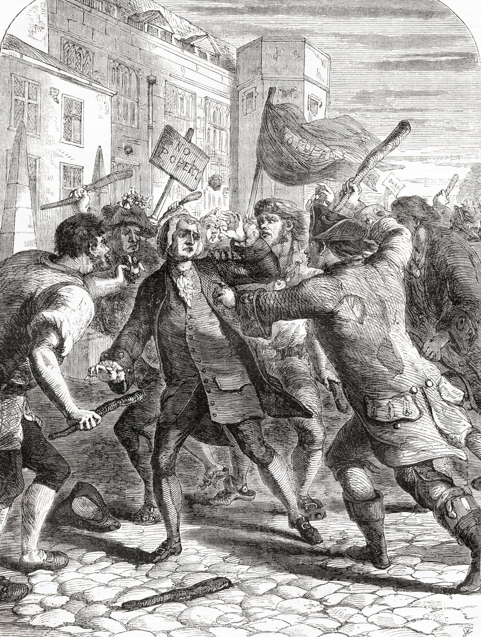 1780 Gordon İsyanları sırasında Westminster, Londra İngiltere'deki Palace Yard'da Parlamento üyelerine saldıran "Papalık Olmayan" isyancılar. by English School