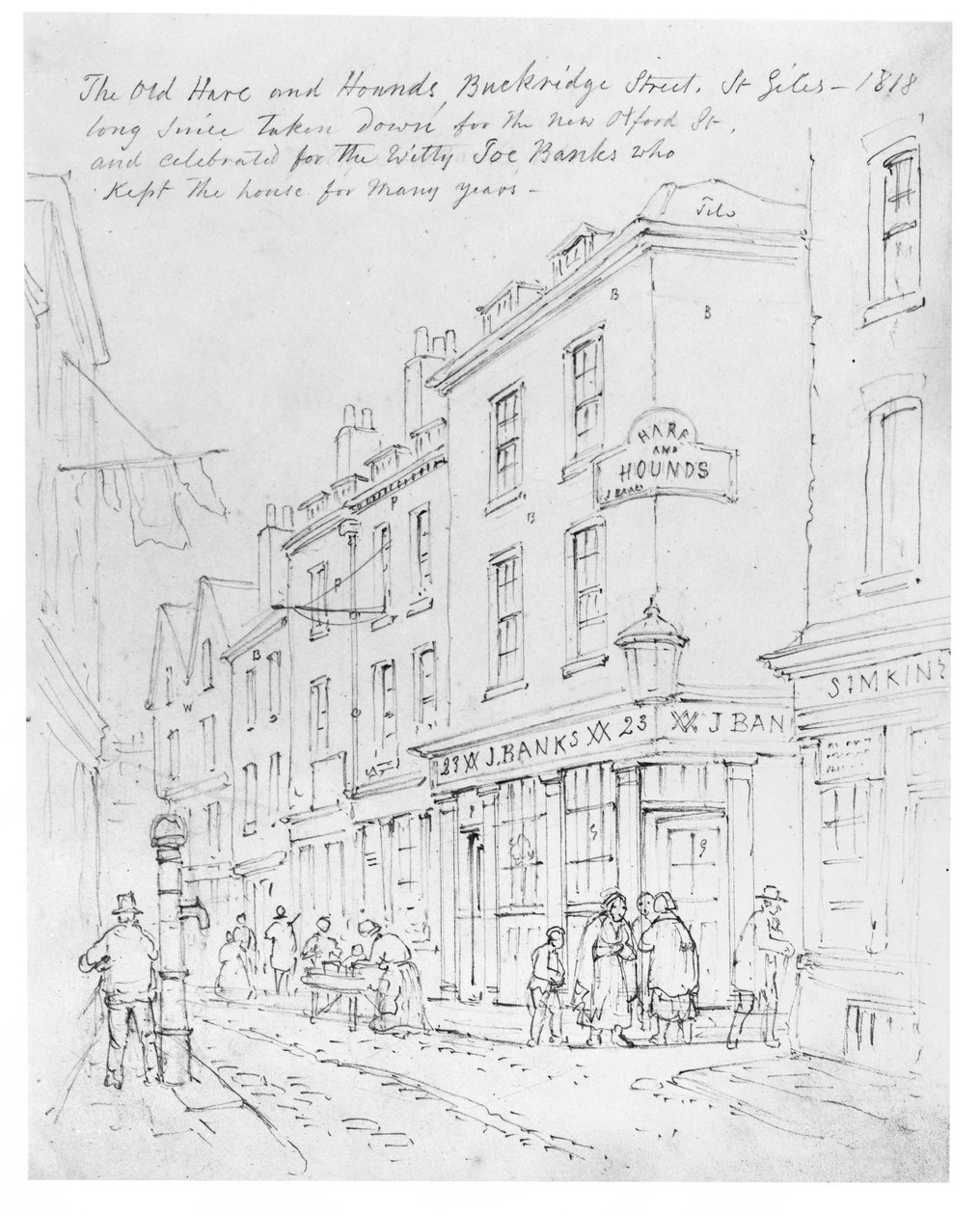 The Old Hare and Hounds, Buckridge Street, St Giles in1818 (çizim) by English School