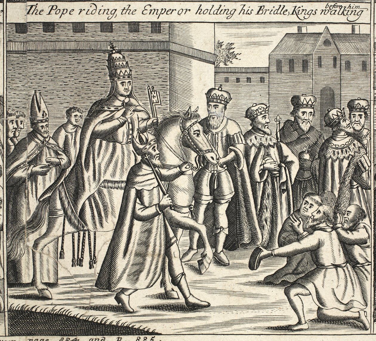 Papa biniyor, İmparator dizginini tutuyor, önünde yürüyen krallar, John Foxe